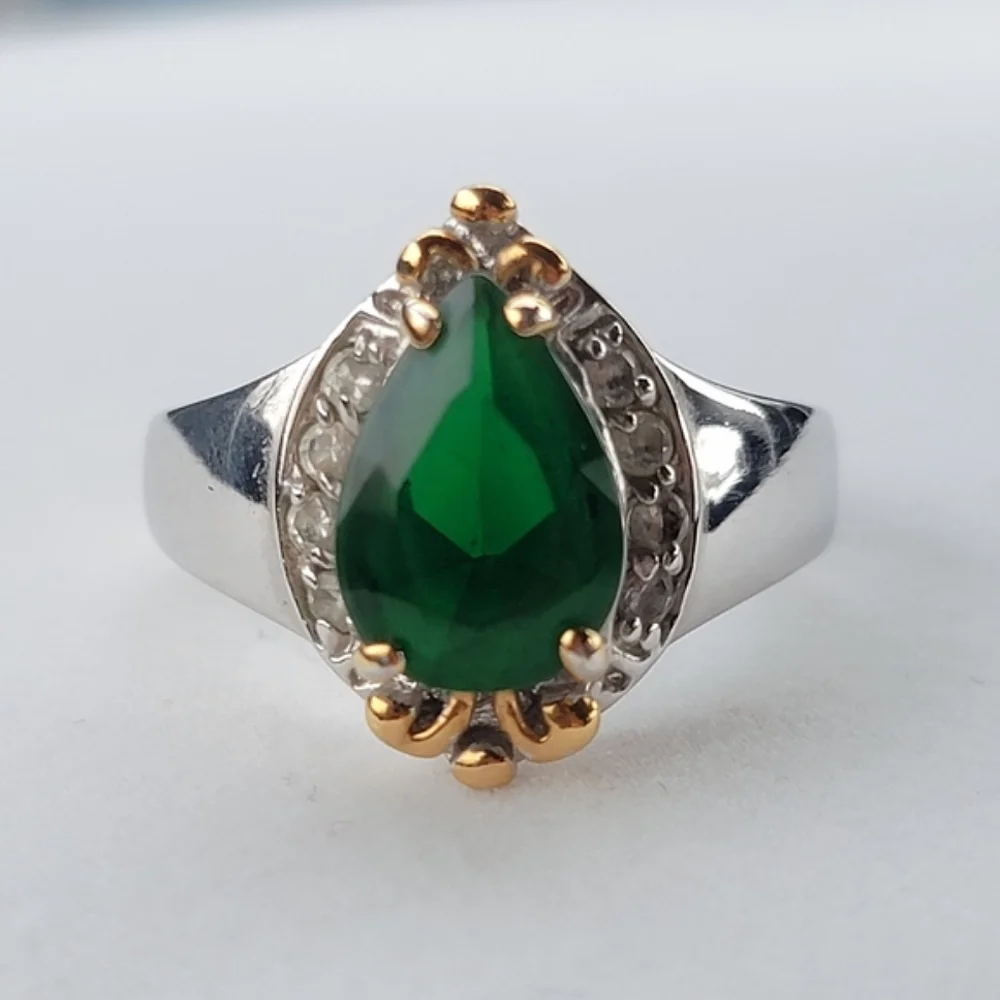 Emerald Teardrop Silver Ring Simulated Diamond Gemstone Gold Tone Accent sz 12